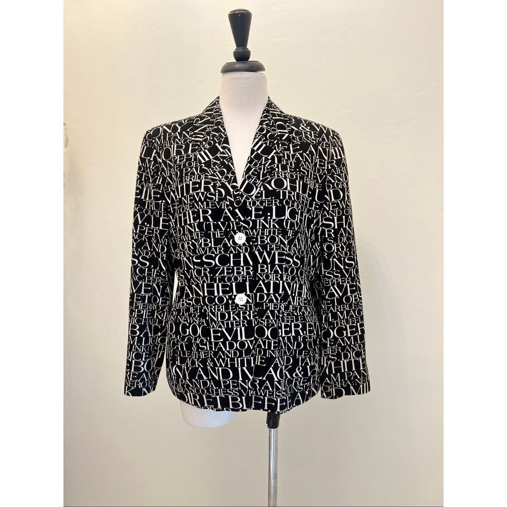 Laurel Women's Newspaper Text Print Two Button Blazer Jacket Black White Size 42